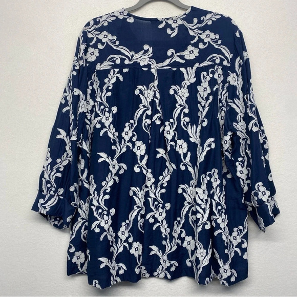 Yushi Navy Floral Pearl Button Front Textured Jacket XXL Lagenlook Art to Wear - Picture 2 of 6